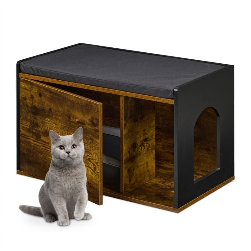 Relaxdays - Meuble de toilette pour chat, maison avec assise, hlp : 45,5 x 75 x 43 cm, cache-litière, marron/noir