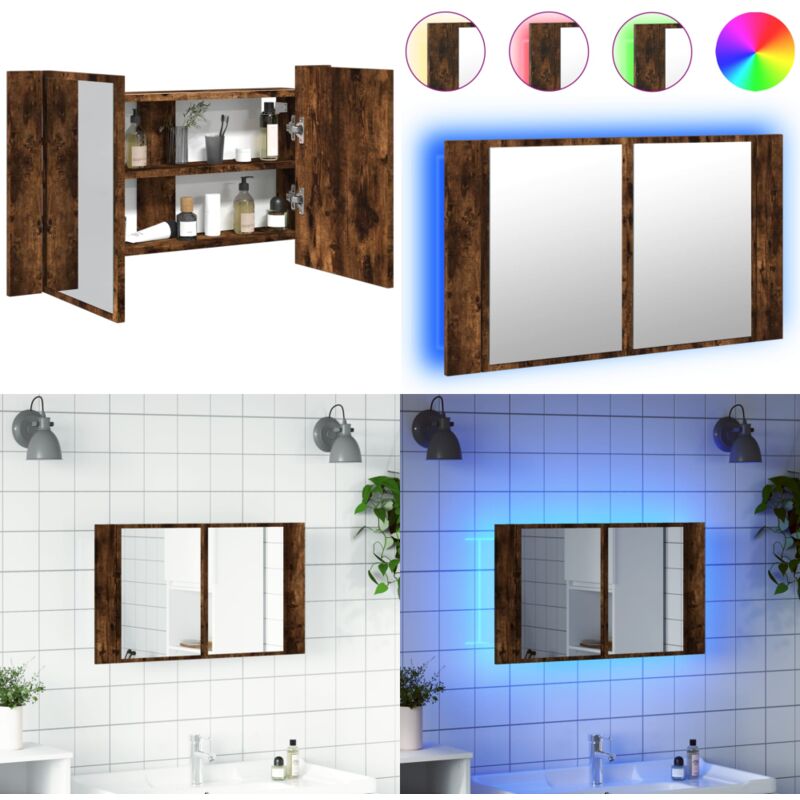 Armoire à miroir à led de bain chêne fumé 80x12x45 cm acrylique - Armoire à Miroir - Miroir Led - Meuble Salle De Bain - Éclairage Led - Rangement