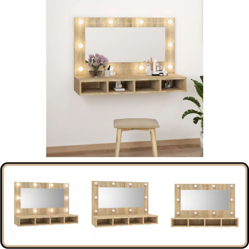 Armoire à miroir avec led Chêne sonoma 90x31,5x62 cm - Armoire à Miroir - Meuble Salle De Bain - Éclairage Led - Rangement Cosmétiques - Organisation