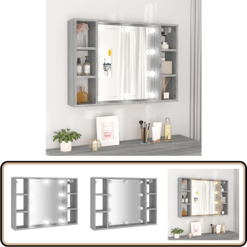 Armoire à miroir avec led Sonoma gris 76x15x55 cm - Armoire à Miroir - Meuble De Rangement - Armoire De Salle De Bain - Éclairage Led - Miroir