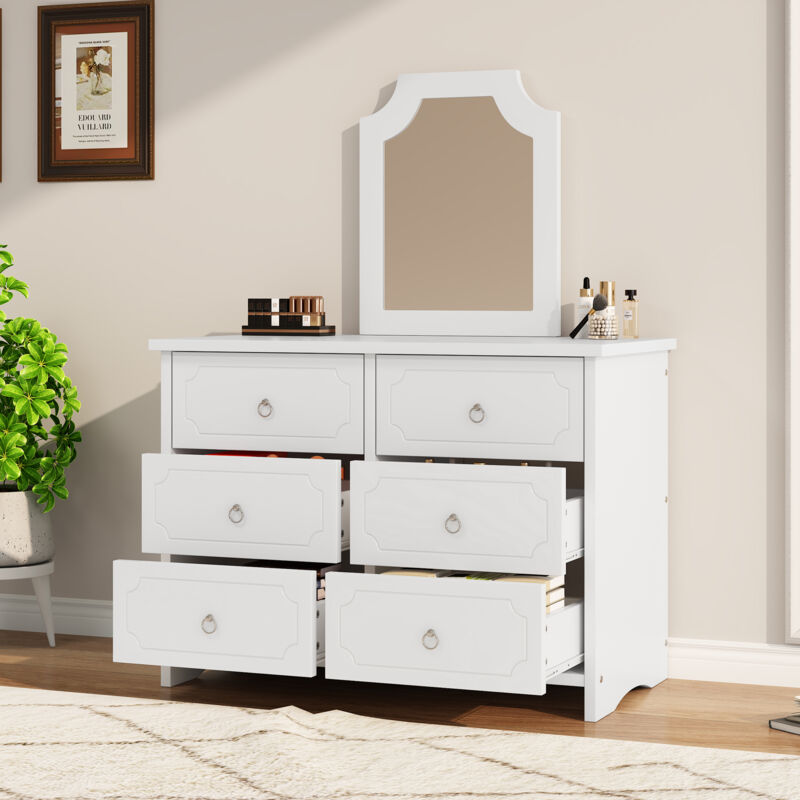 Armoire à glace, commode, 6 tiroirs, miroir amovible, MDF+aggloméré, blanc, 97x50x32 cm