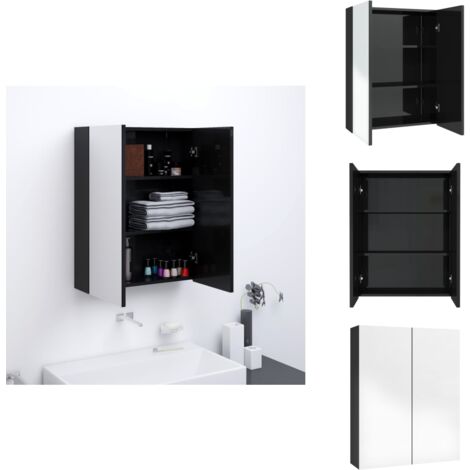Armoire à miroir de salle de bain 60x15x75 cm MDF Noir brillant - Armoire De Salle De Bain - Meuble De Salle De Bain - Miroir Mural - Rangement Salle De Bain - Commode Salle De Bain