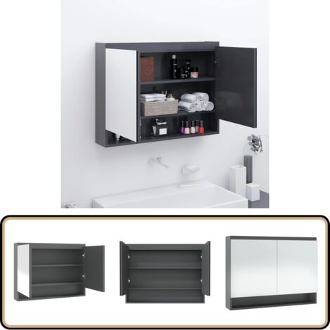 Armoire à miroir de salle de bain 80x15x60 cm MDF Gris - Meuble De Salle De Bain - Armoire À Miroir - Meuble Rangement - Armoire Toilette - Meubles Contemporains