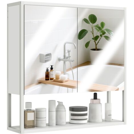 Armoire à miroir de salle de bain avec portes à fermeture douce et étagère réglable Blanche