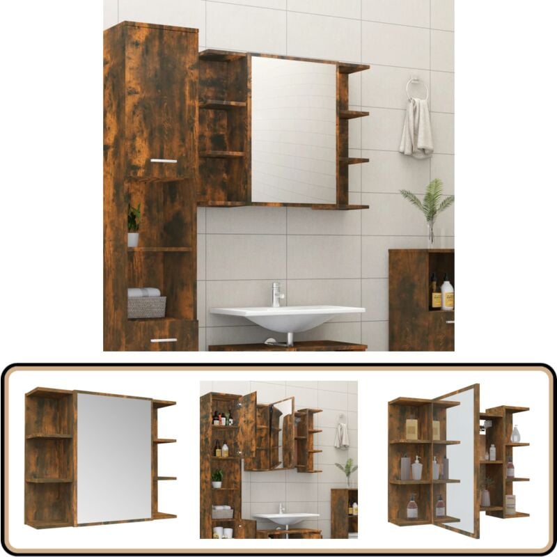 Vidaxl - Armoire à miroir de salle de bain Chêne fumé 80x20,5x64 cm Bois - Armoire De Salle De Bain - Meuble De Salle De Bain - Miroir - Rangement