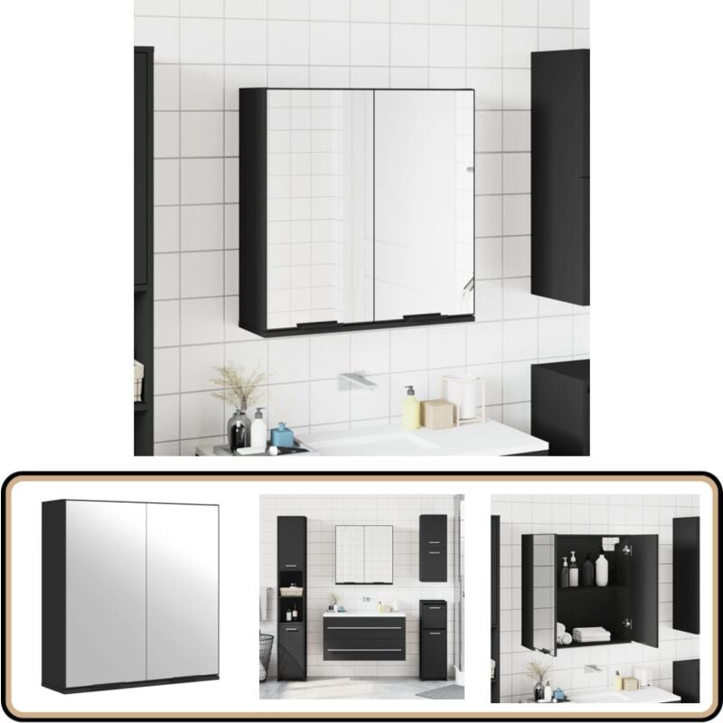 Armoire à miroir de salle de bain noir bois d'ingénierie - Meuble De Salle De Bain - Armoire Salle De Bain - Miroir Salle De Bain - Rangement Salle