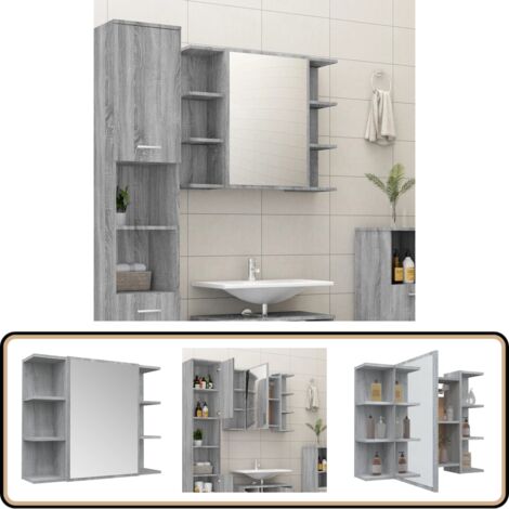 Armoire à miroir de salle de bain Sonoma gris 80x20,5x64cm Bois - Meuble De Salle De Bain - Armoire À Miroir - Meuble Lavabo - Rangement Salle De Bain - Design Moderne