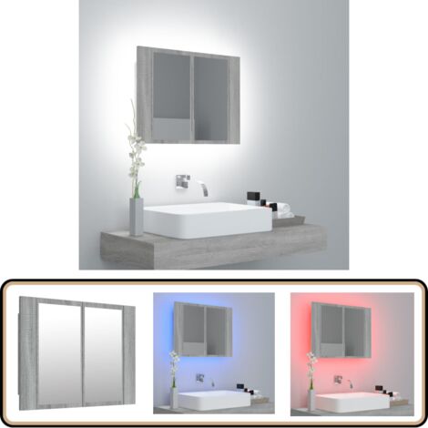 Armoire à miroir LED Sonoma gris 60x12x45 cm Bois d'ingénierie - Armoire À Miroir Led - Meuble Salle De Bain - Rangement Cosmétiques - Miroir Lumineux - Armoire Murale