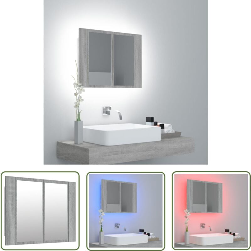 Armoire à miroir led Sonoma gris 60x12x45 cm Bois d'ingénierie - Armoire à Miroir Led - Meuble Salle De Bain - Rangement Cosmétiques - Miroir
