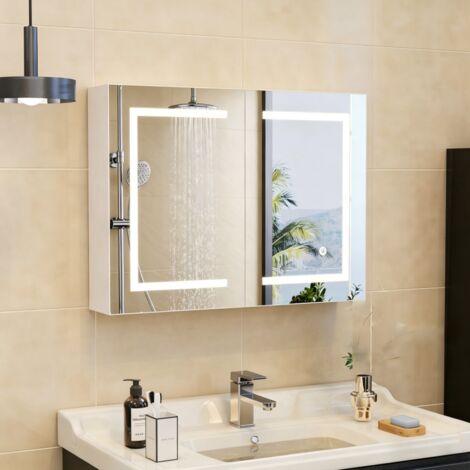 Armoire à Miroir Mural 80x60x13.5 cm avec LED réglable et fonction de mémorisation,Salle de Bains Armoire avec Miroir,Placard avec Miroir avec 2 portes,Grand Meuble de Rangement avec Étagère Réglable