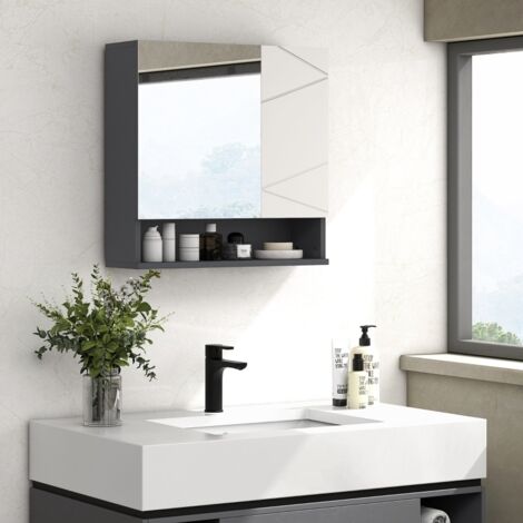 Armoire à miroir pour salle de bain, armoire de salle de bain avec miroir, armoire murale avec étagère ajustable, compartiment ouvert, fonction anti-buée, armoire murale 55x17x55 cm gris