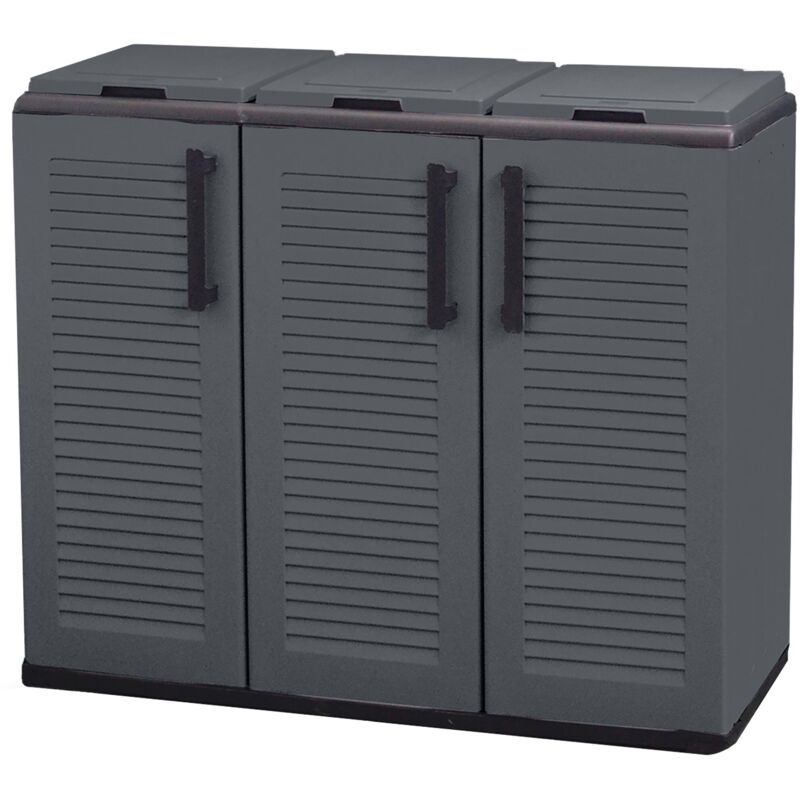 Armoire Basse En Polypropylène, Ligne Eco Easy, Tri Sélectif 3 Couvercles, Gris Foncé, 102 X 37 X 84 Cm