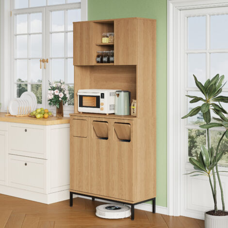 Armoire à ordures 80x35x181 cm 3 portes chêne,3 compartiments tri déchets,espace micro-ondes et aspirateur.
