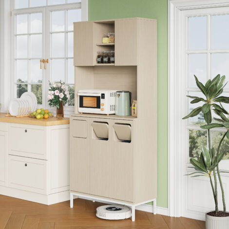 Armoire à ordures 80x35x181 cm blanc clair 3 portes,emplacement poubelle micro-ondes et rangement aspirateur cuisine.