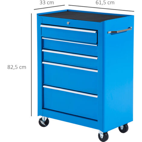 Armoire à outils, boîte à outils, 5 tiroirs, sur roulettes, acier, bleue