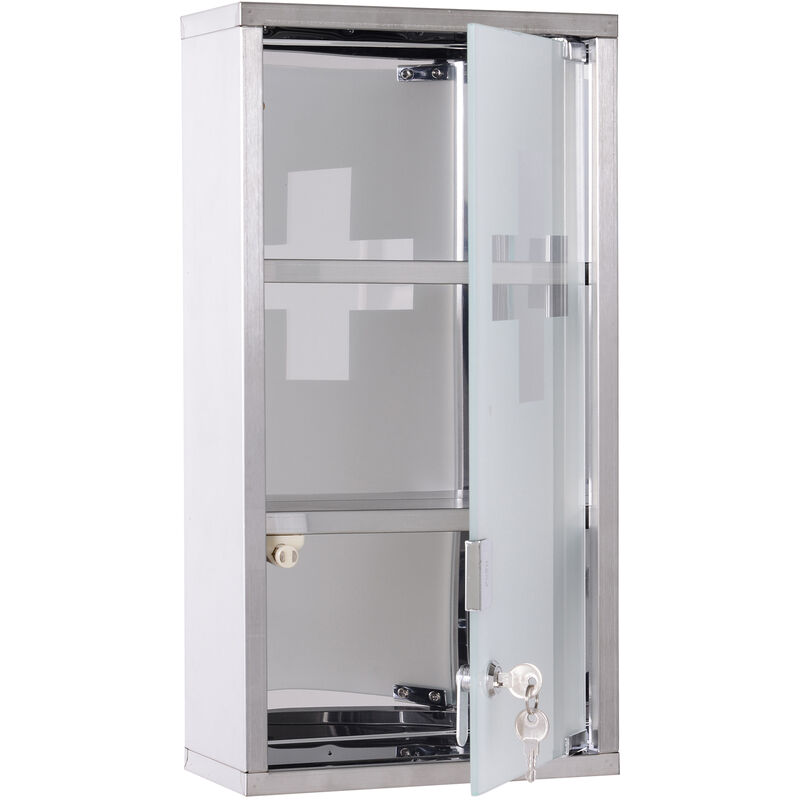 Armoire A Pharmacie 2 Etageres 3 Niveaux Verrouillable Porte Verre Trempe Depoli Logo Croix 25l X 12l X 48h Cm Acier Inox Gris 3662970006399