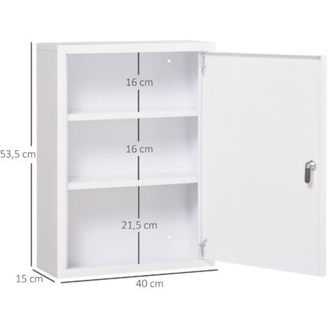 Armoire à pharmacie, 3 compartiments, porte verrouillable, structure robuste en acier, blanche, 40 x 15 x 53,5 cm