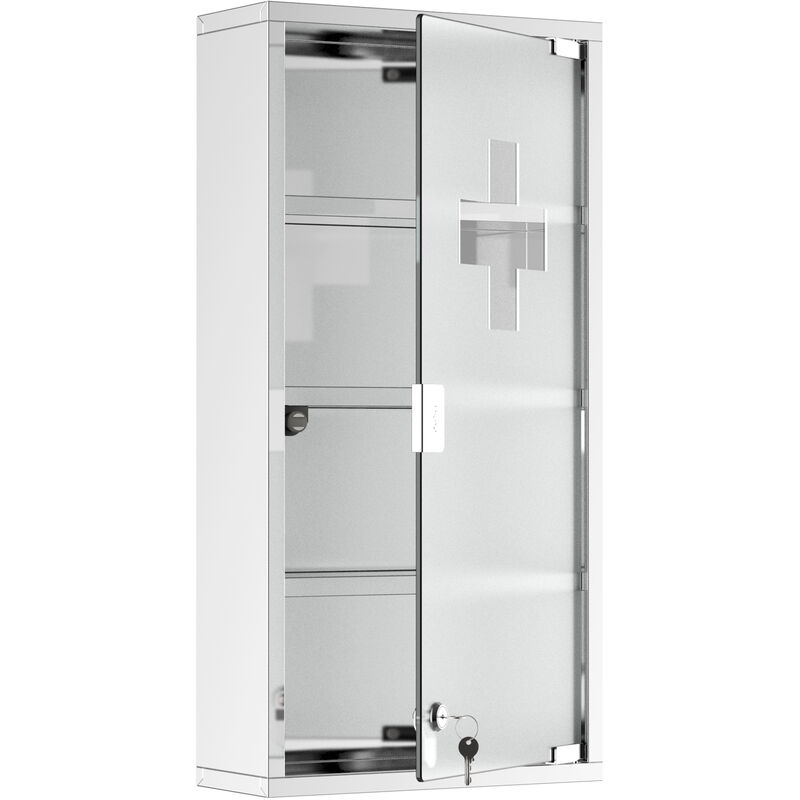 Armoire à pharmacie 3 étagères 4 niveaux 30L x 12l x 60H cm porte verre trempé symbole croix acier inoxydable brossé