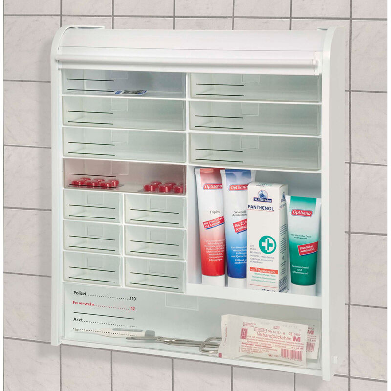 Armoire à pharmacie avec fermeture à volet et serrure de sécurité en polypropylène et polystyrène