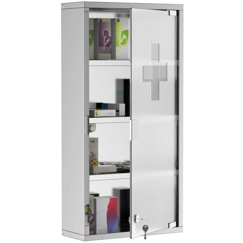 Armoire à Pharmacie Murale 60x30x12 cm - Coffre à Médicaments Sécurisé avec Serrure Acier Inox - Rangement Trousse Premier Secours Salle de Bain WC