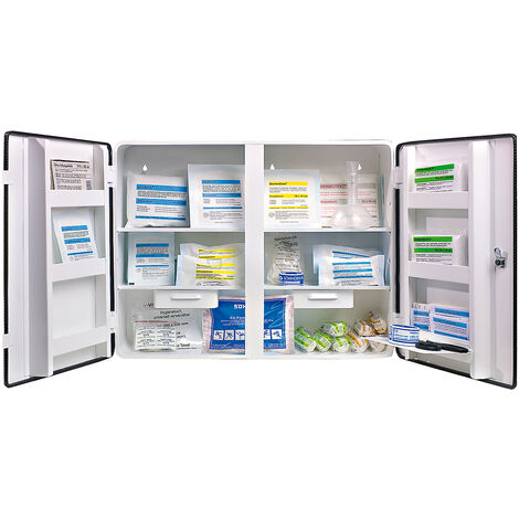 Armoire à pharmacie conforme à la norme DIN 13169 - à 2 portes, blanc, h x l x p 462 x 604 x 170 mm - avec contenu - Coloris: Blanc