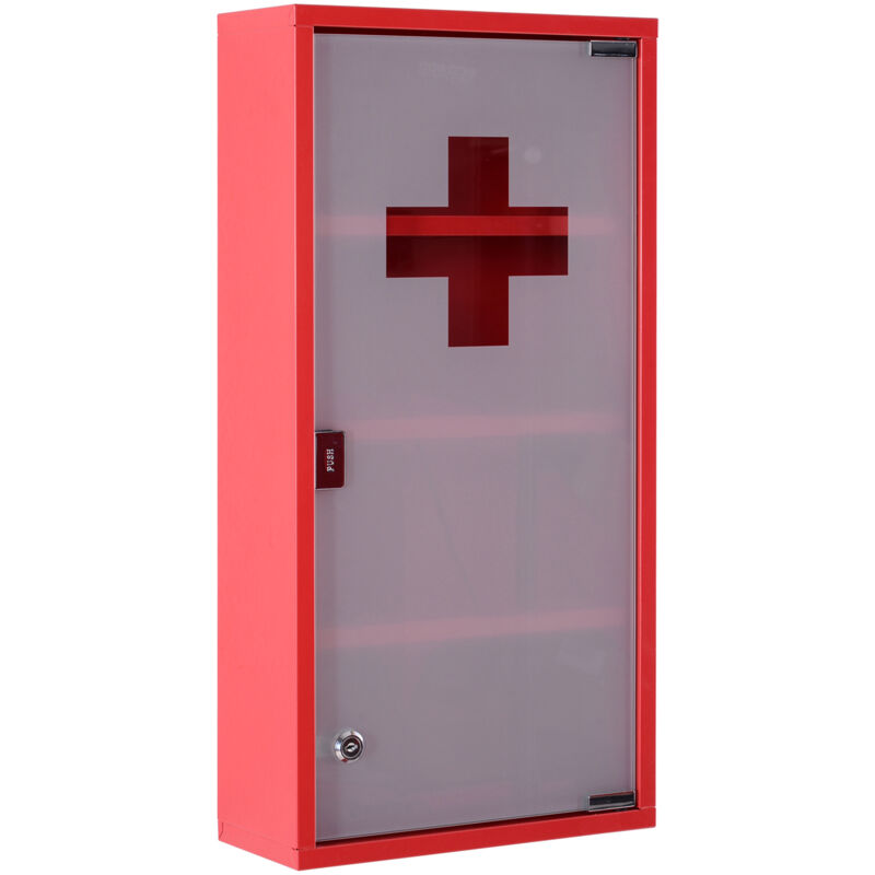 Armoire à pharmacie 3 étagères 4 niveaux verrouillable porte verre trempé dépoli logo croix 30L x 12l x 60H cm acier inox rouge