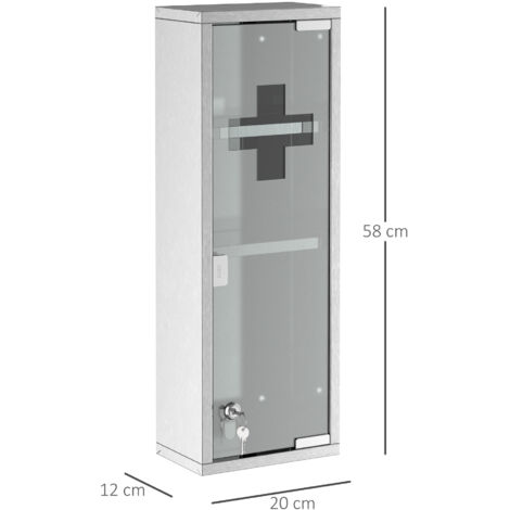 Armoire à pharmacie en acier inoxydable avec porte en verre trempé, verrouillable, à 3 compartiments, armoire de premiers secours, 20 x 12 x 58 cm, argent