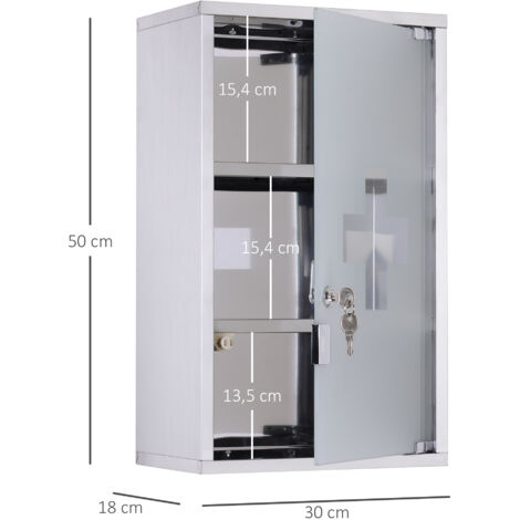 Armoire à pharmacie HOMCOM en acier inoxydable, verrouillable, 3 étagères, porte vitrée, pour le rangement des médicaments, 30 x 18 x 50 cm