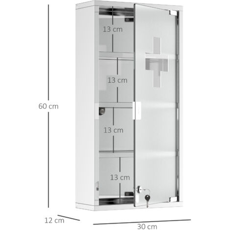 Armoire à pharmacie HOMCOM en acier inoxydable, verrouillable, 4 étagères, porte vitrée, 30 x 12 x 60 cm
