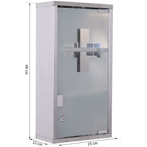 Armoire à pharmacie HOMCOM en acier inoxydable, verrouillable, avec 3 étagères, porte vitrée, 25 x 12 x 48 cm, argent