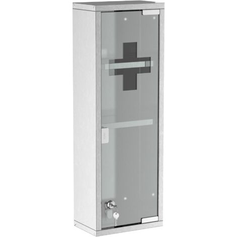 Armoire à pharmacie Kleankin en acier inoxydable avec porte en verre trempé, verrouillable, à 3 compartiments, armoire de premiers secours, 20 x 12 x 58 cm, argent