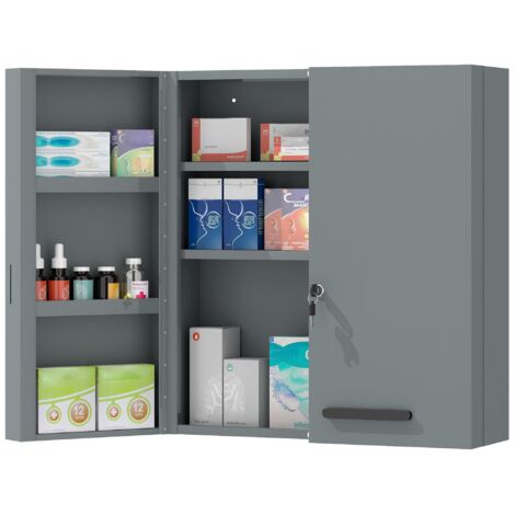 Armoire à pharmacie murale gris anthracite, verrouillable à 2 portes avec 6 étagères de rangement, meuble sécurisé pour salle de bain et toilette