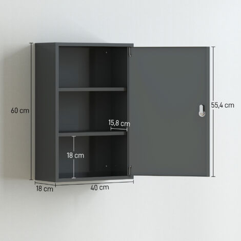 Armoire à pharmacie murale, meuble de salle de bain avec 3 étagères, 2 clés, 40 x 18 x 60 cm, grise