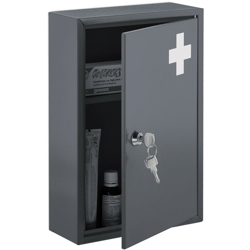 Armoire à pharmacie, verrouillable, 2 niveaux, HxLxP: 32x21,5x9,5 cm, ranger médicaments, gris - blanc - Relaxdays