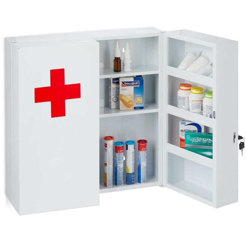 Armoire à pharmacie xxl, verrouillable, 11 compartiments, acier, HxLxP: 53,5x53x19 cm, 2 portes, blanc - rouge - Relaxdays