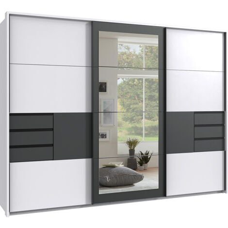 Armoire à portes coulissantes coloris Blanc, rechampis graphite -  Longueur  270 x Hauteur 208 x Profondeur 64 cm