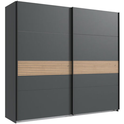 Armoire à portes coulissantes coloris graphite, rechampis aspect clayettes imitation chêne Artisan  - Longueur 225 x Hauteur 208 x Profondeur 65 cm