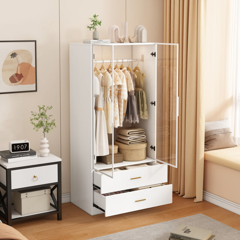 Nmonet – Armoire à portes coulissantes en verre 180 cm – 2 tiroirs de rangement – Éclairage LED automatique – MDF blanc