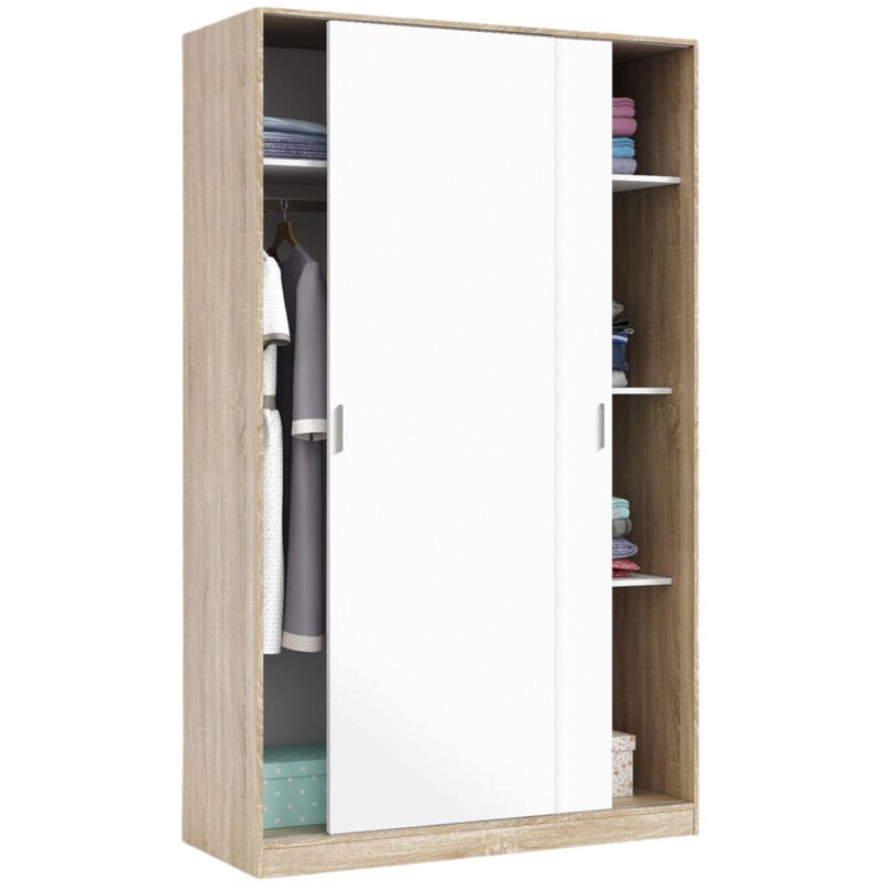 Dmora - Vestiaire Waterbury, Armoire de chambre à 2 portes coulissantes, Armoire avec 3 étagères et barre de cintre, cm 120x50h200, Chêne et Blanc