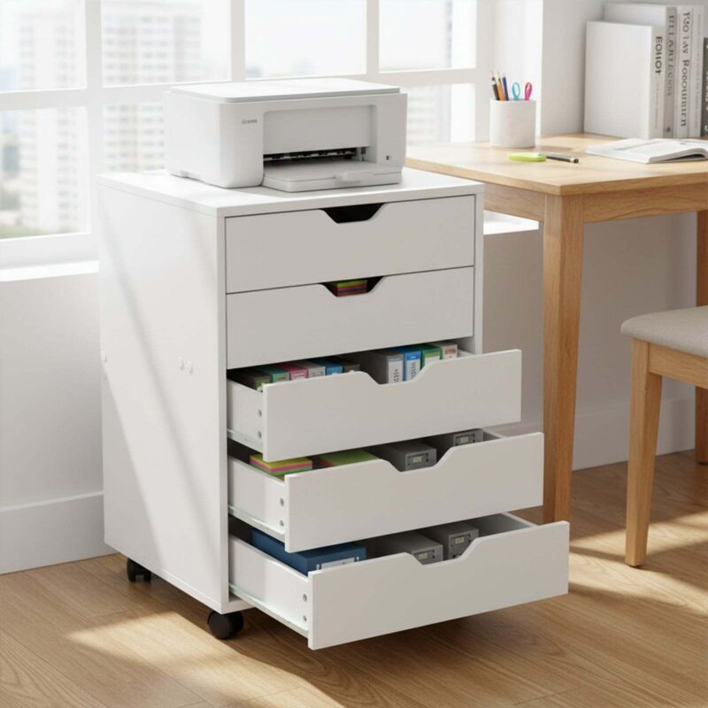 Armoire à tiroirs à roulettes avec 5 tiroirs, meuble de classement mobile blanc, parfait sous un bureau pour la maison ou le bureau Armoire à tiroirs à roulettes avec 5 tiroirs, meuble de classement mobile blanc, parfait sous un bureau pour la maison ou le bureau