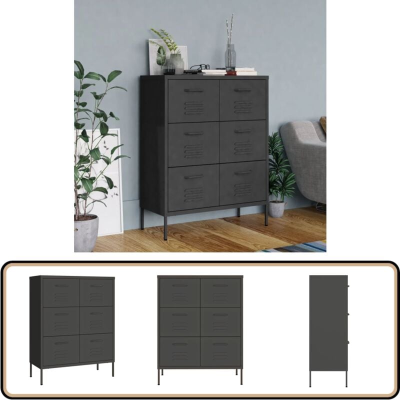Armoire à tiroirs Anthracite 80x35x101,5 cm Acier - Meuble De Rangement - Armoire à Tiroir - Armoire Métallique - Rangement Salle De Séjour