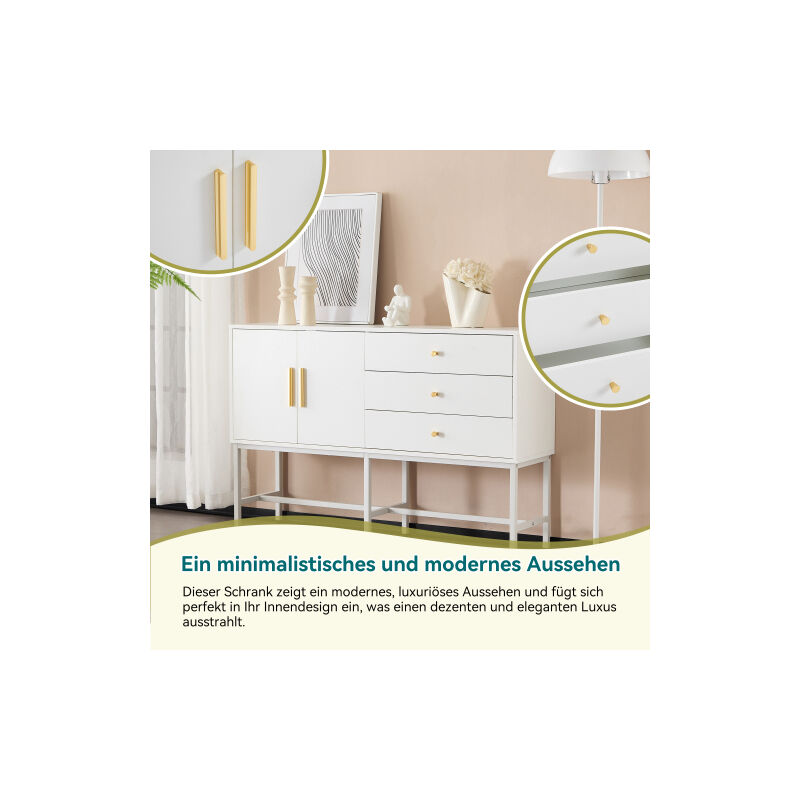 Armoire à tiroirs, buffet avec deux portes et trois tiroirs, poignées en or et pieds en métal dans différents modèles, taille: B120 / w32 / h80, blanc