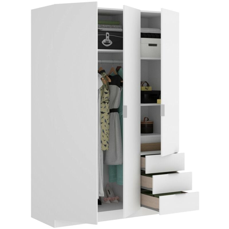 Dmora - Armoire Cimone, Portemanteau pour chambre, Armoire avec 3 portes battantes et 3 tiroirs, 121x52h184 cm, Blanc