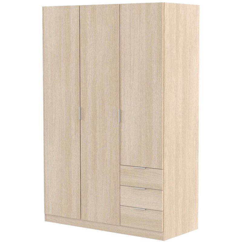 Dmora - Vestiaire Warren, Armoire de chambre à 3 portes et 3 tiroirs, Armoire avec 3 étagères et barre de cintre, cm 121x52h180, Chêne