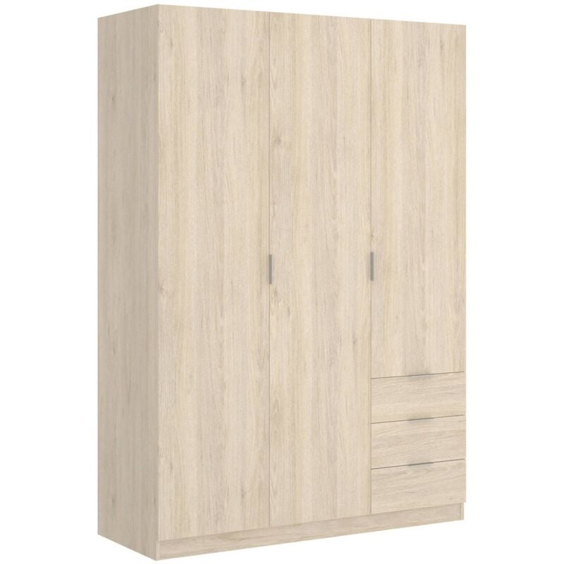 Dmora - Armoire Cimone, Portemanteau pour chambre, Armoire avec 3 portes battantes et 3 tiroirs, 121x52h184 cm, Chêne