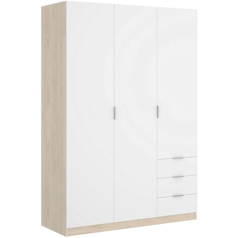 Dmora - Armoire Cimone, Portemanteau pour chambre, Armoire avec 3 portes battantes et 3 tiroirs, 121x52h184 cm, Blanc et Chêne