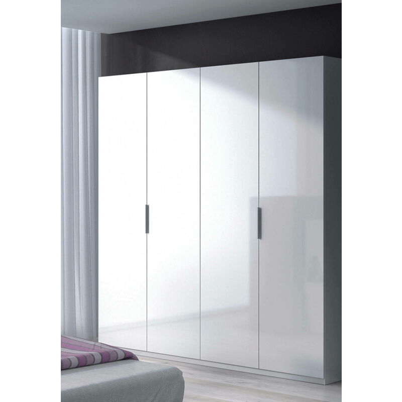 Armoire à quatre portes avec deux étagères et deux barres-penderie, couleur blanche brillante, 200 x 180 x 52 cm