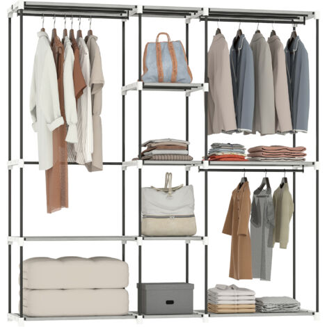 Armoire à vêtements 182x43x185 cm Armoire ouverte avec 8 étagères en tissu Barres suspendues Cadre métallique gris clair