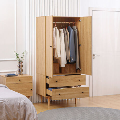 Armoire à vêtements armoire de rangement penderie avec 2 portes. 2 tiroirs et tringle - 80 x 52 x 180 cm - aspect bois