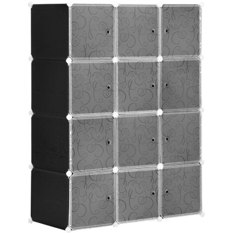 Armoire à vêtements DIY, système de rangement modulaire cubes avec barre de penderie, PP, noir + blanc
